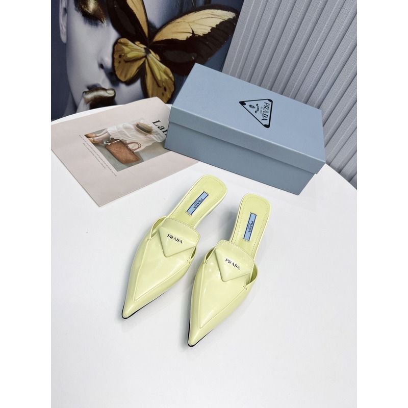 Pra*a logo patent leather pointy toe mule slide light yellow