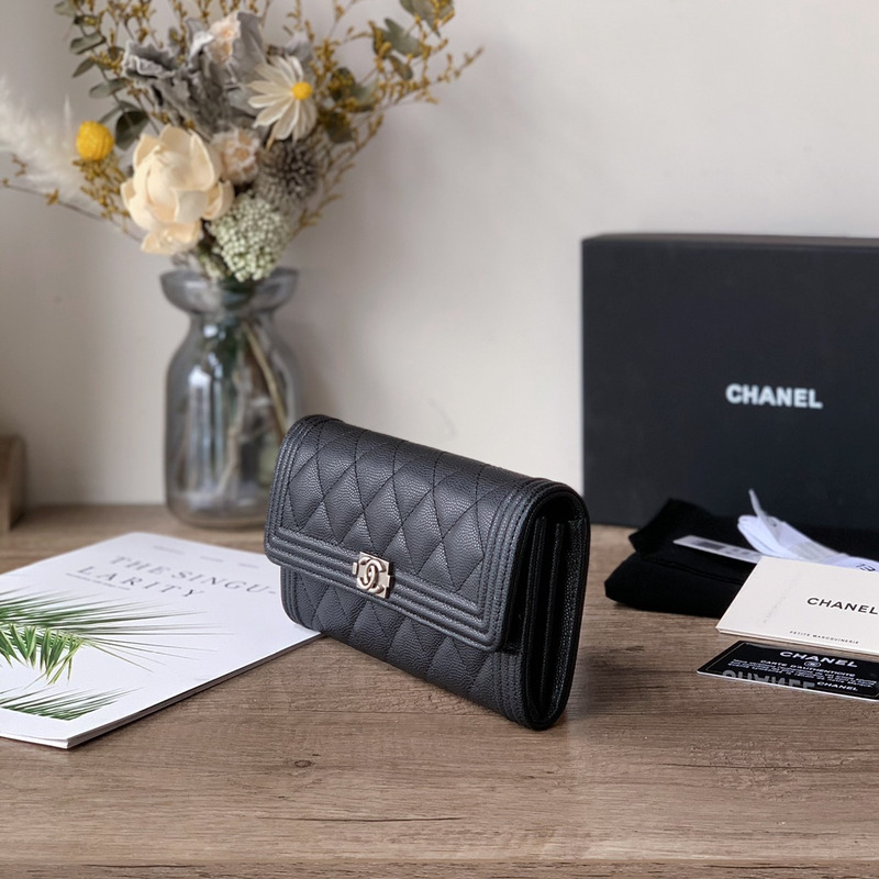 Ch*el 2.55 long flap wallet silver tone metal black