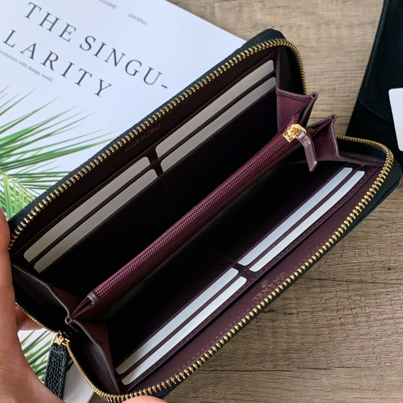 Ch*el classic long zipped wallet gold tone metal black