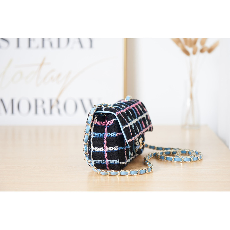 Ch*el mini flap bag gold tone metal black & multicolour