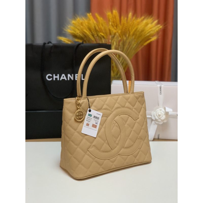 Ch*el caviar medallion tote a01804 beige caviar skin women''s tote bag30cm-14cm-24cm
