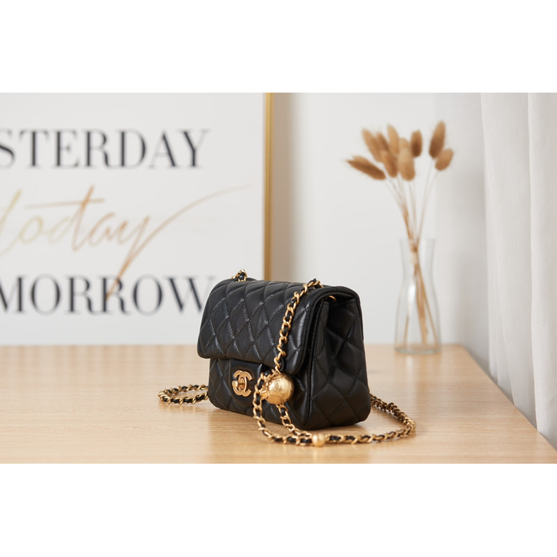 ch*el flap bag black gold cc gold beads with suede Di*m*nd pattern shoulder bag
