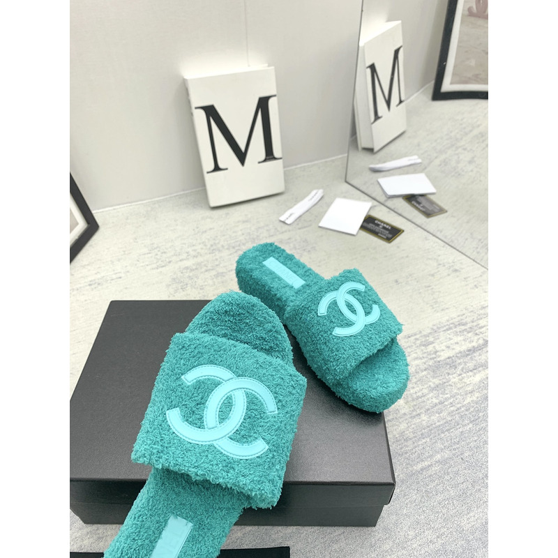 Ch*el lamb down fabric mules green
