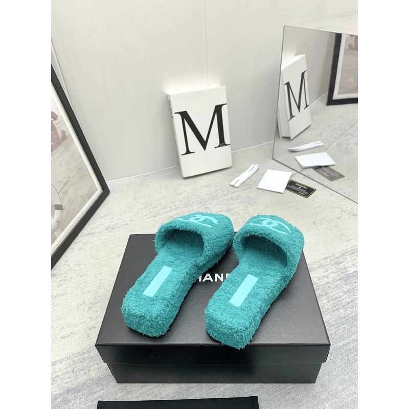 Ch*el lamb down fabric mules green