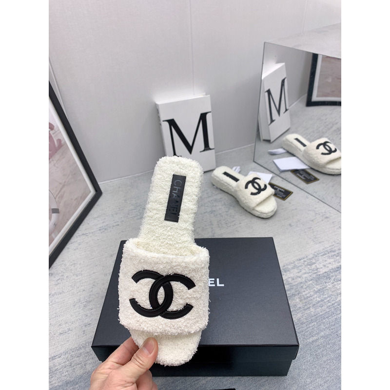 Ch*el lamb down fabric mules white