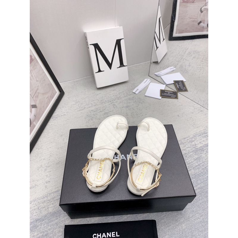 Ch*el leather quilted thong sandals white
