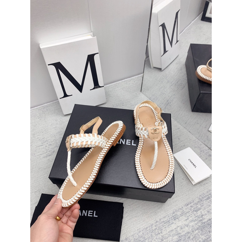 Ch*el braided flat thong sandals beige