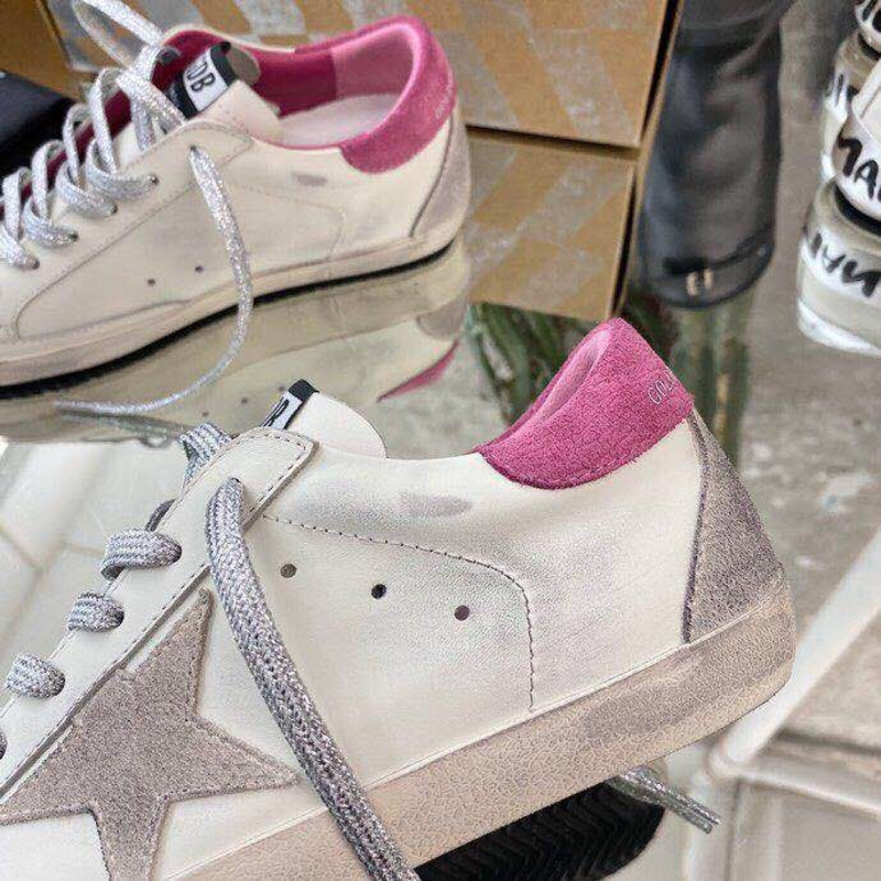golden goose men’s S*per-star sneakers with suede star and pink heel tab