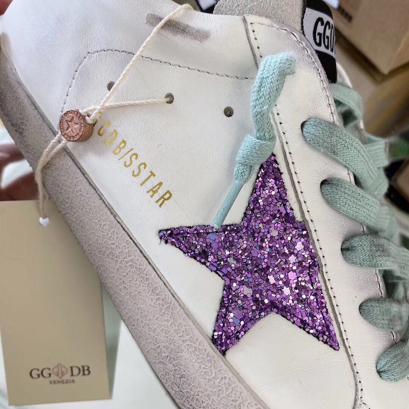 golden goose S*per-star sneakers with purple glitter and blue heel tab