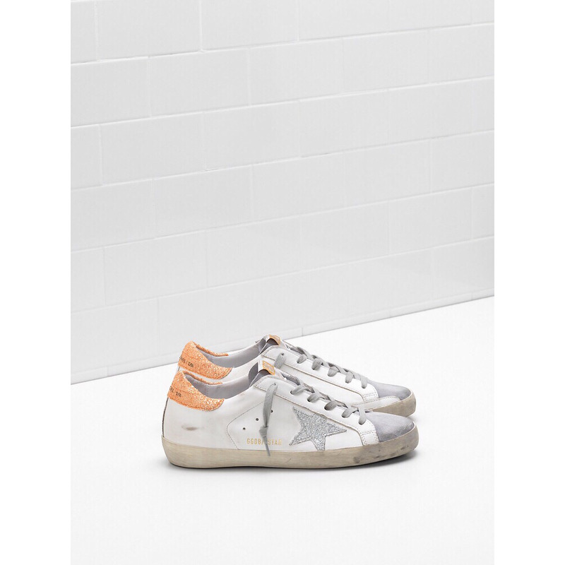golden goose S*per-star sneakers with sliver glitter and orange heel tab