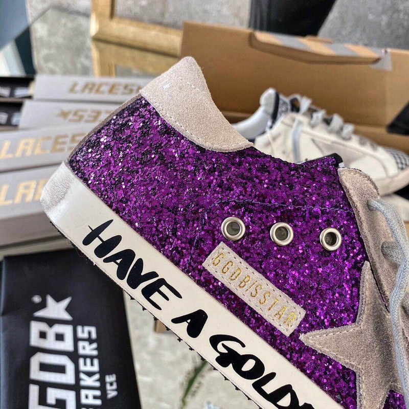 golden goose S*per-star sneakers with purple glitter and pink heel tab