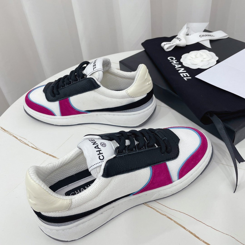 Ch*el fabric calf suede & caviar calf leather white dark pink & black