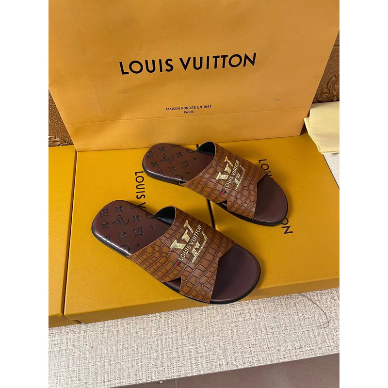 l**is V*t*n gold logo croc-embossed monogram mules brown