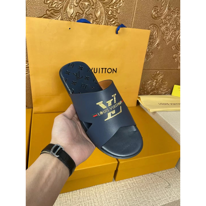 l**is V*t*n gold logo monogram mules navy