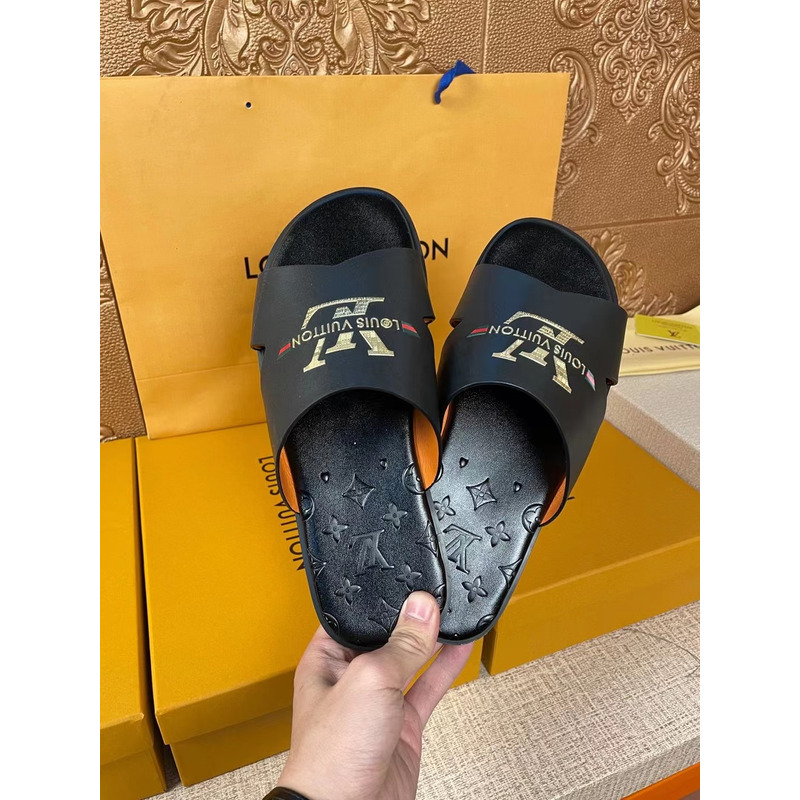 l**is V*t*n gold logo monogram mules black