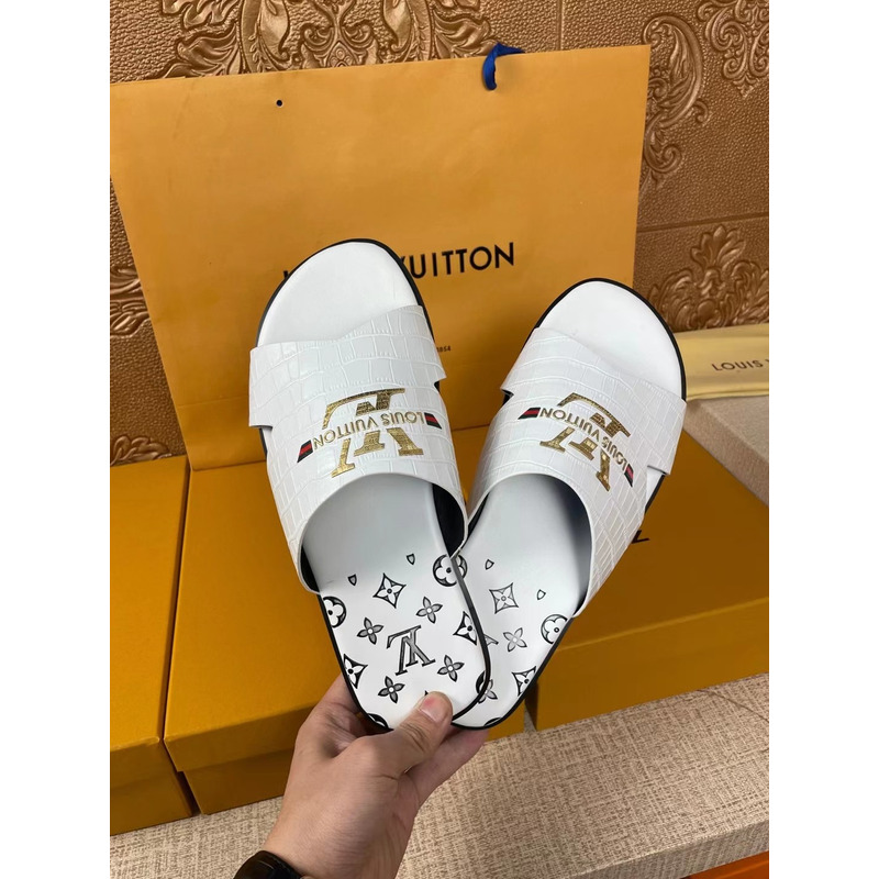 l**is V*t*n gold logo croc-embossed monogram mules white
