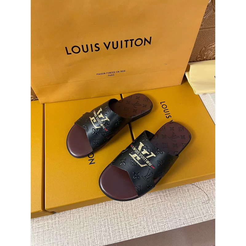 l**is V*t*n gold logo embossed monogram mules black/brown