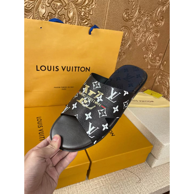 l**is V*t*n gold logo monogram mules black