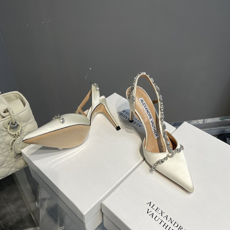 Alexandre Vauthier  Pointed Toe Rhinestone High Heels Stiletto Silk Sandals White