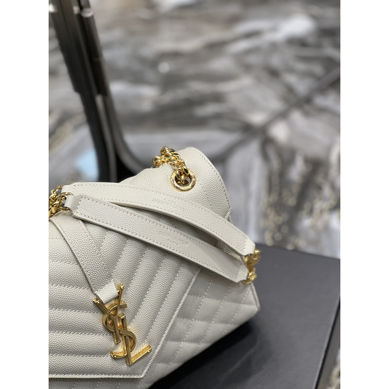 Saint Laurent Grain-embossed Quilted Leather Envelope Bag White