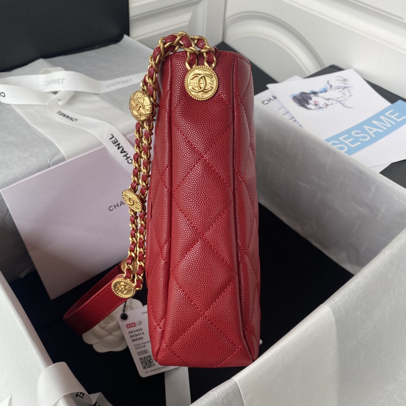 Ch*el hobo handbag lambskin & gold-tone metal red