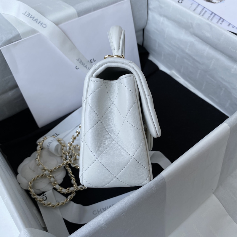 Ch*el mini flap bag with top handle lambskin & gold-tone metal white