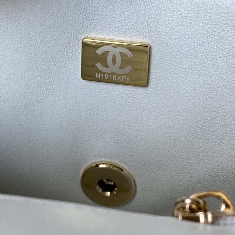 Ch*el mini flap bag with top handle lambskin & gold-tone metal white