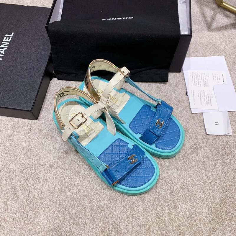Ch*el open toe platform plain block heels blue/white