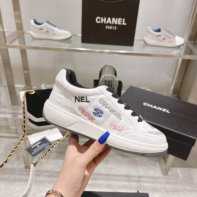 Ch*el   logo embroidered sneakers white black
