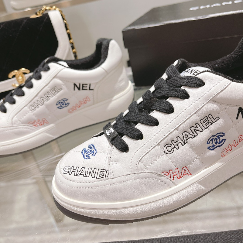 Ch*el   logo embroidered sneakers white black