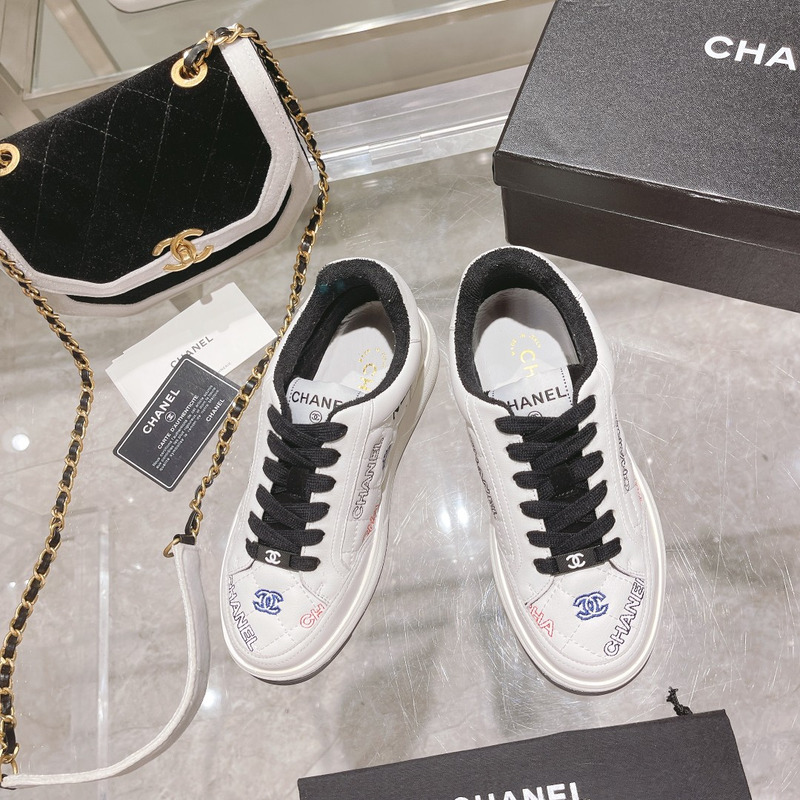 Ch*el   logo embroidered sneakers white black