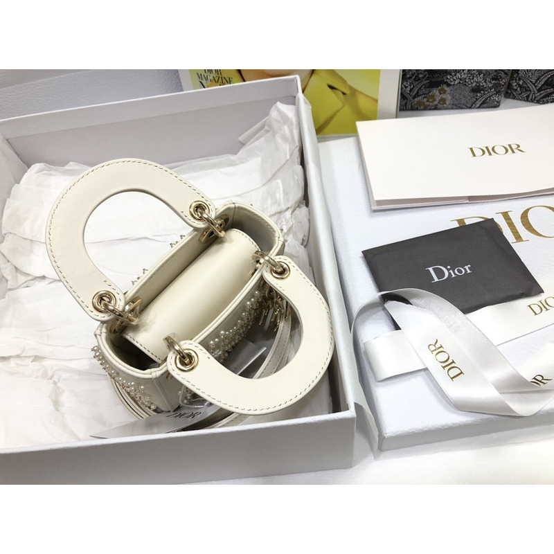 D*or mini lady D*or bag cannage lambskin with pearl white