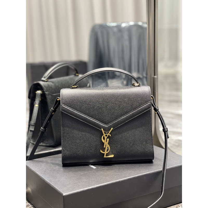 Saint Laurent Cassandra Medium Top Handle Bag In Grain De Poudre Emnossed Leather Black