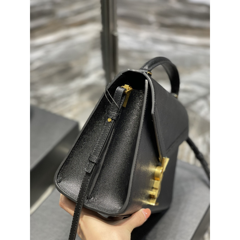 Saint Laurent Cassandra Medium Top Handle Bag In Grain De Poudre Emnossed Leather Black