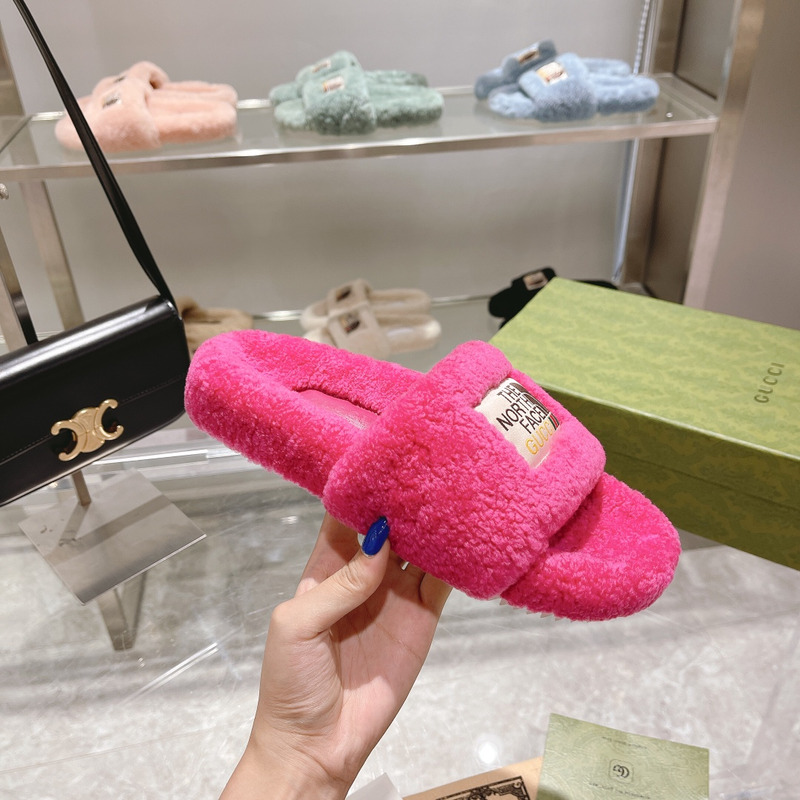 g*u*i x the n0*h F**e shearling slides taffy pink