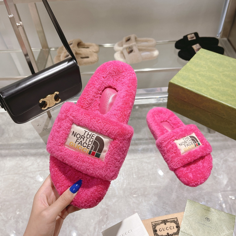 g*u*i x the n0*h F**e shearling slides taffy pink