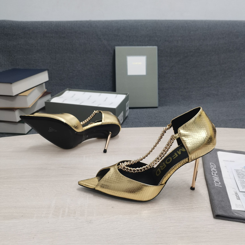Tom Ford Open Toe Pointed Toe Chain Detail High Heel in Light Gold