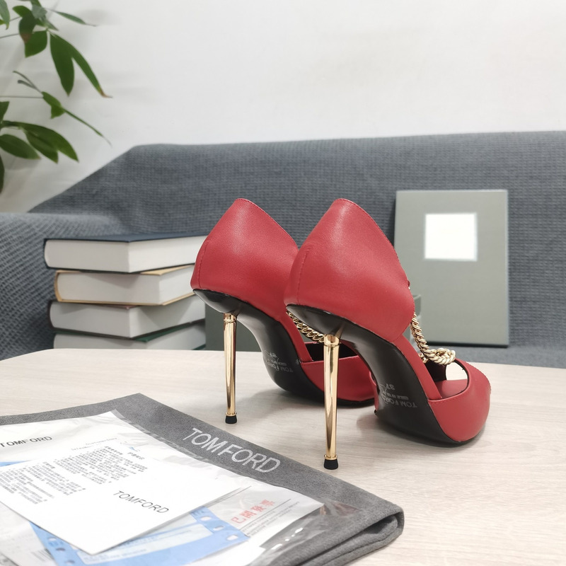 Tom Ford Open Toe Pointed Toe Chain Detail High Heel in Red