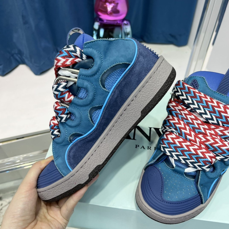 Lanvin Curb Leather Sneakers With Multicolor Laces in Dark Blue