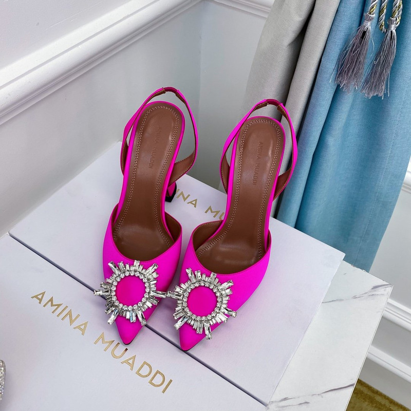 Amina Muaddi Begum Crystal Satin Pink Slingback Pumps