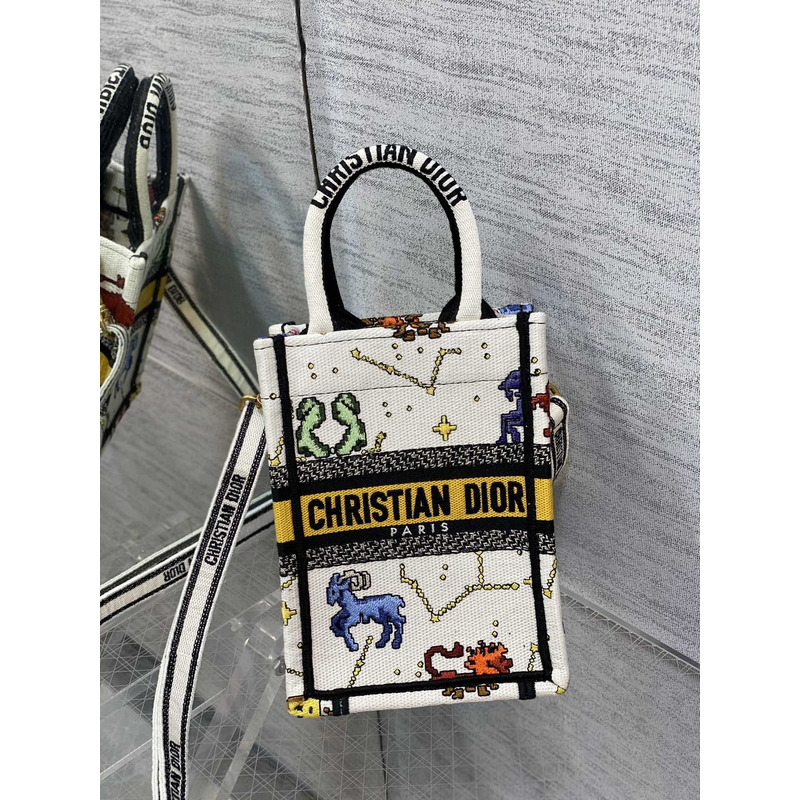 D*or mini book tote phone pouch multicolor D*or zodiac pixel pattern embroidery in cream fabric