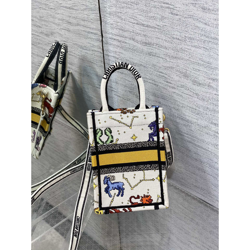 D*or mini book tote phone pouch multicolor D*or zodiac pixel pattern embroidery in cream fabric