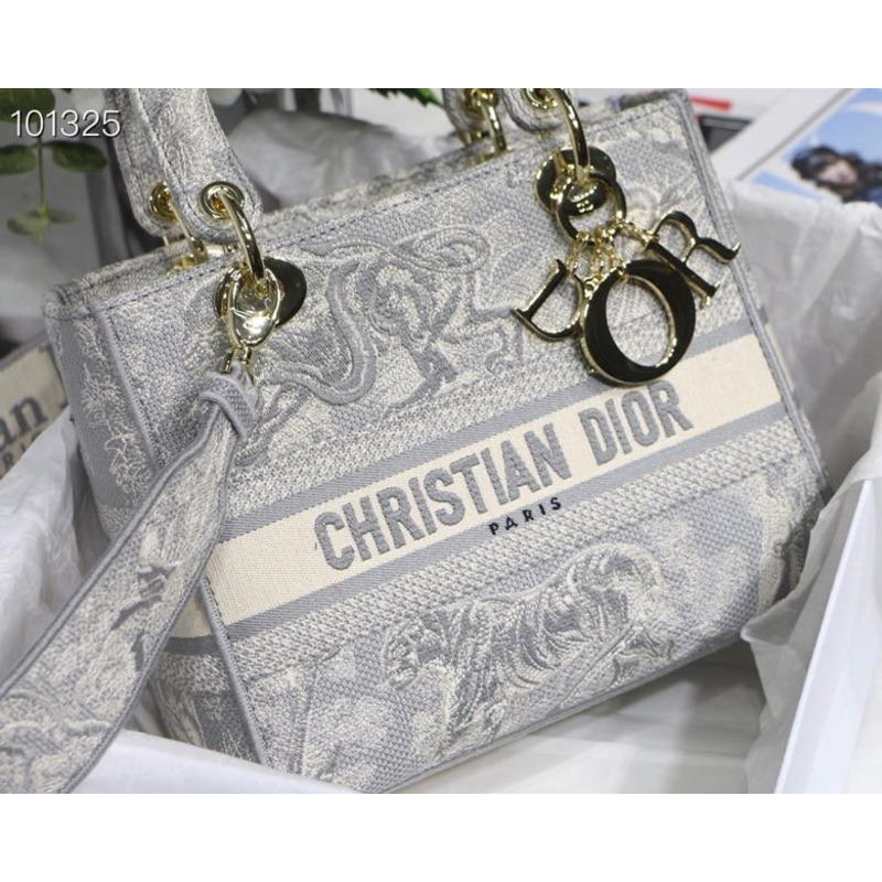 D*or lady d-lite bag toile de jouy embroidery in gray