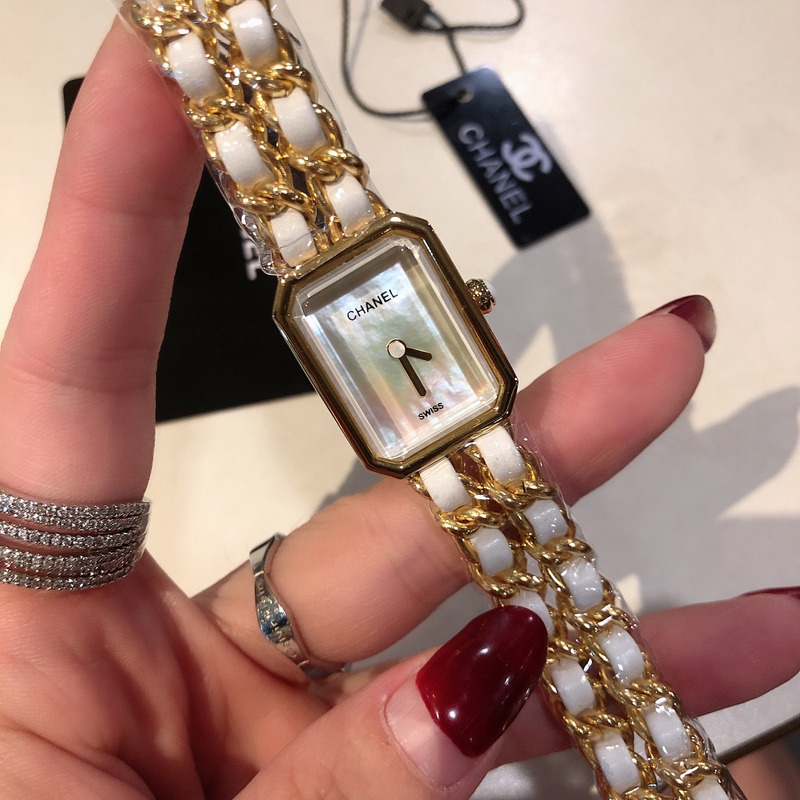Ch*el premiere rock quartz plated metal and leather watch yellow
