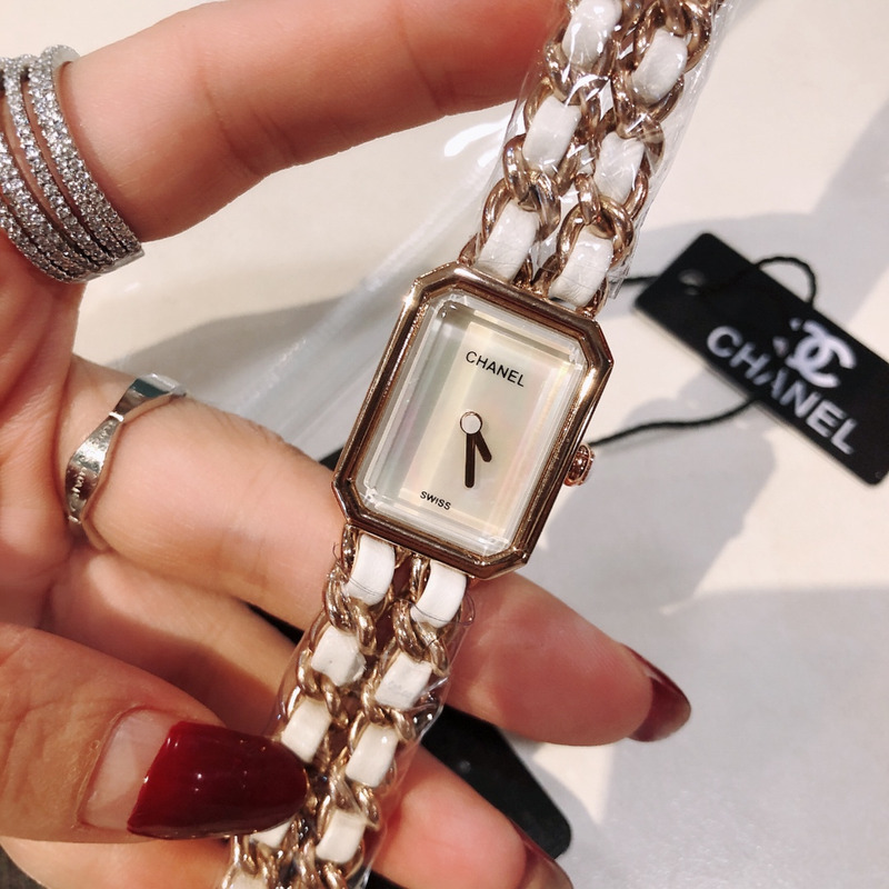 Ch*el premiere rock quartz plated metal and leather watch beige