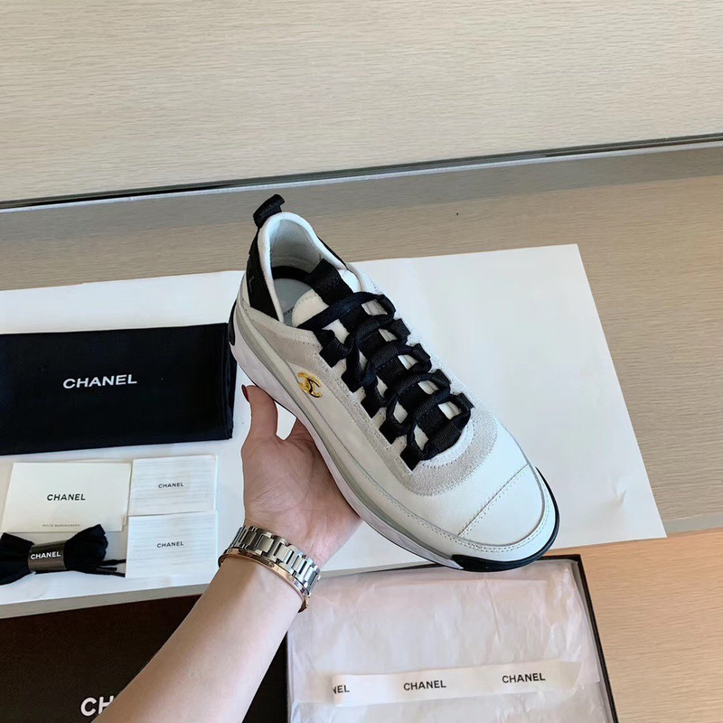 Ch*el velvet calfskin mixed fibers cc sneakers ivory black