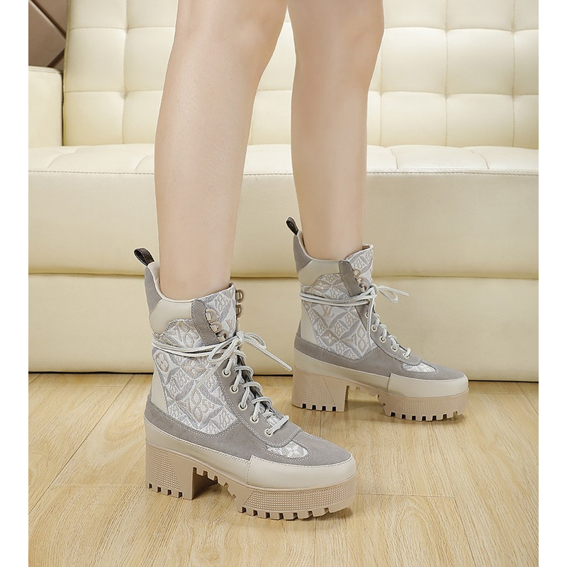 l**is V*t*n laureate platform desert patent monogram canvas back loop boots grey