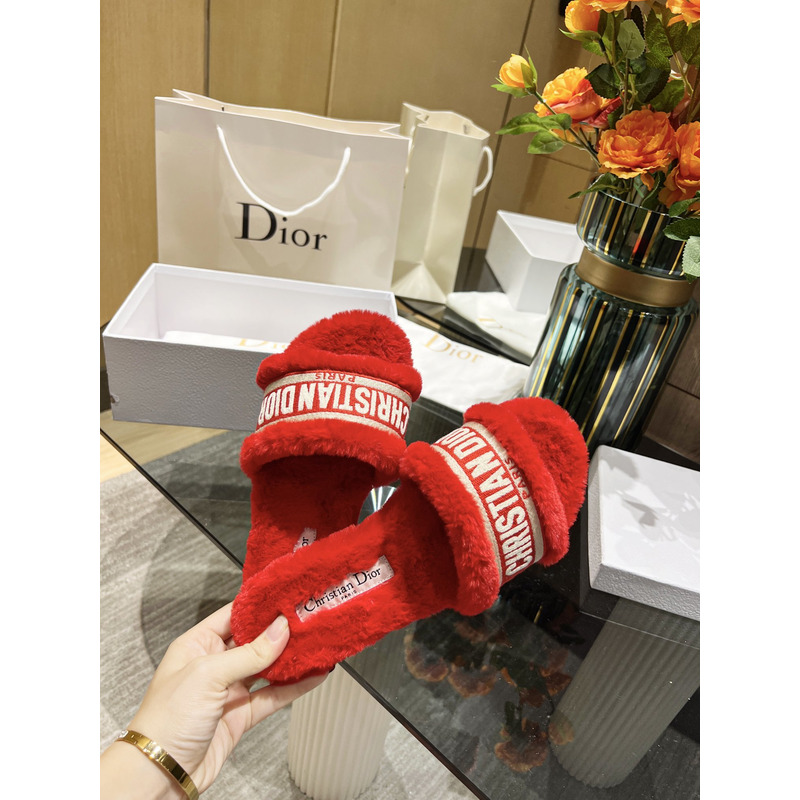D*or chez moi slides embroidered cotton and shearling red