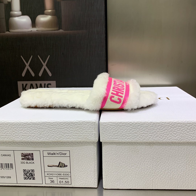 D*or chez moi slides embroidered cotton and shearling bright pink