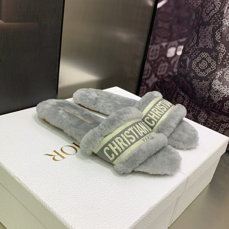 D*or chez moi slides embroidered cotton and shearling grey